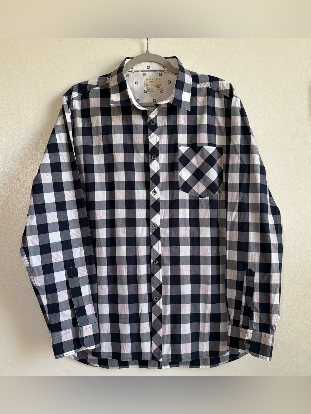7 Diamonds Women’s XL Blue White Pink Check Cotton Button-Up Shirt Pockets LS